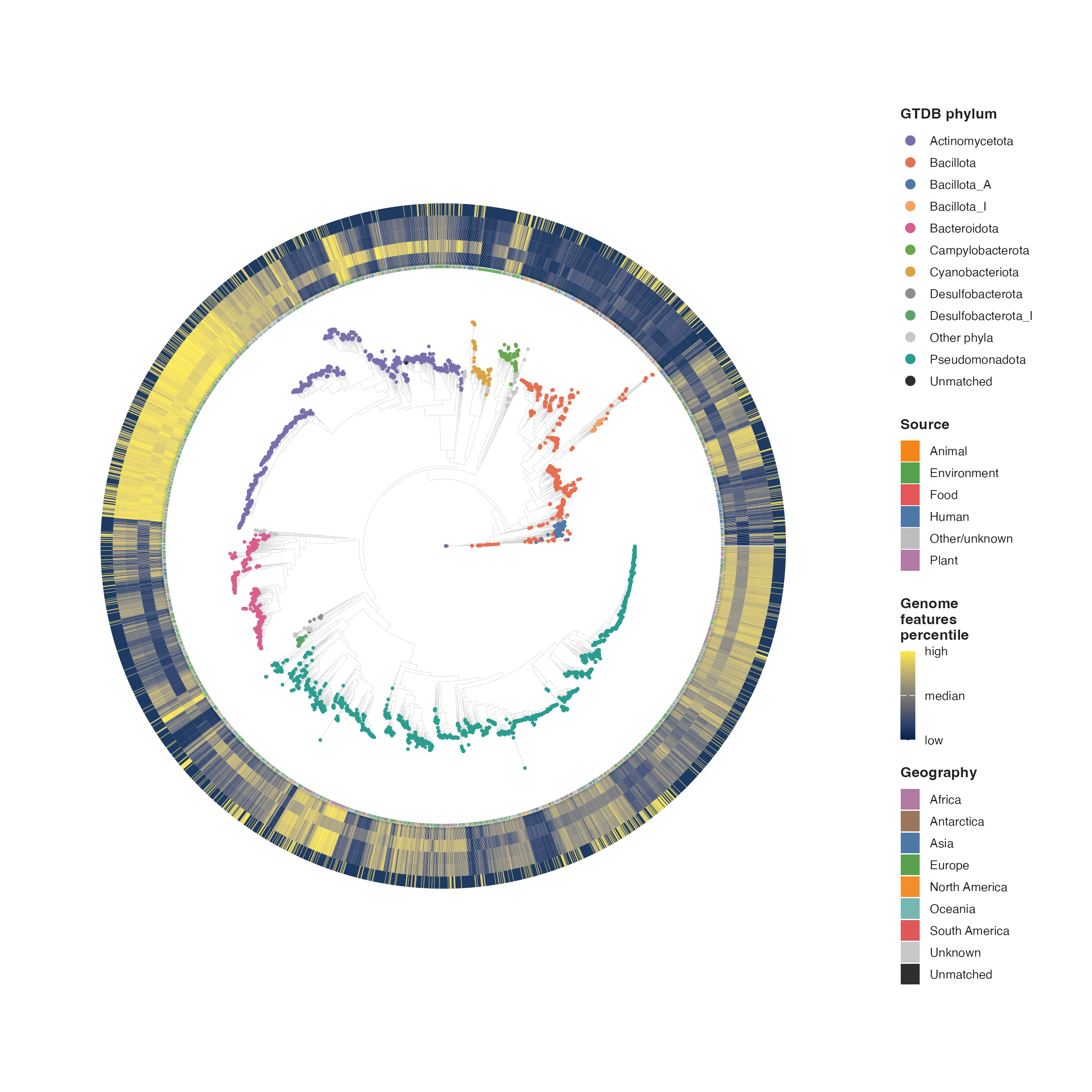 Circular phylogeny of 3,676 SGB representatives with phylum, source, genome feature, and geography tracks